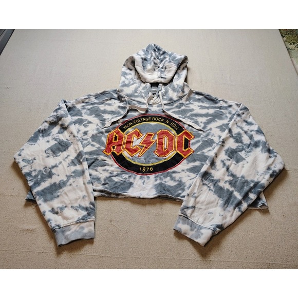 AC Tops - ACDC High Voltage Rock N Roll 1976 Tie Dye Cropped Hoodie Grey White XL 21